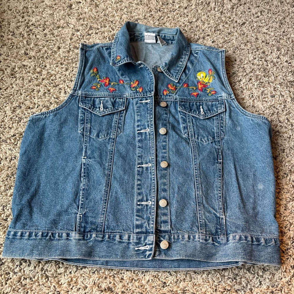 Vintage Looney Tunes Tweety Denim Embroidered Vest